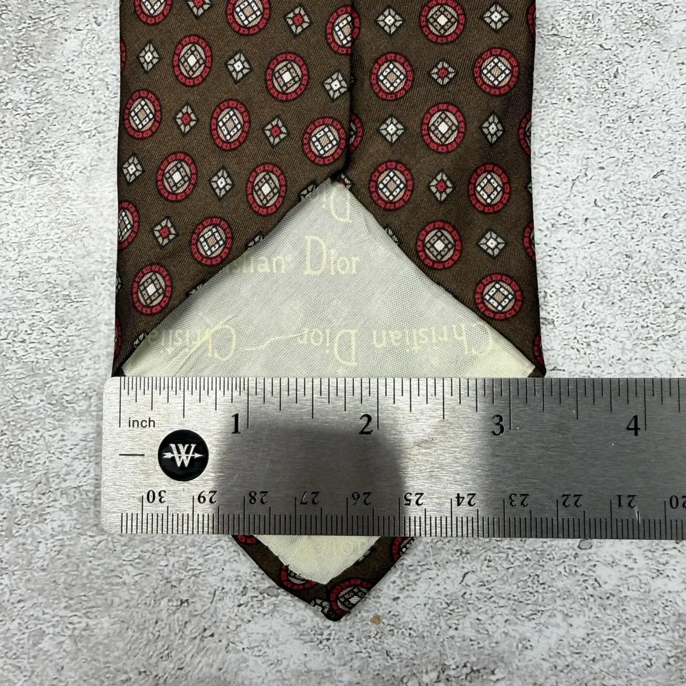 Vintage Christian Dior 100% Silk Tie Mens OS Brown Geometric Designer Necktie